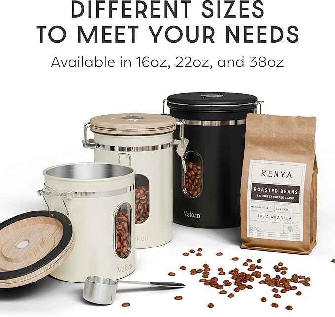 Veken Coffee Sugar Canister with Window, Airtight Stainless Steel Kitchen Food Storage Container with Lids, Date Tracker and Scoop for Grounds Coffee, Beans, Tea, Flour, Cereal Jars, 16OZ, Cream