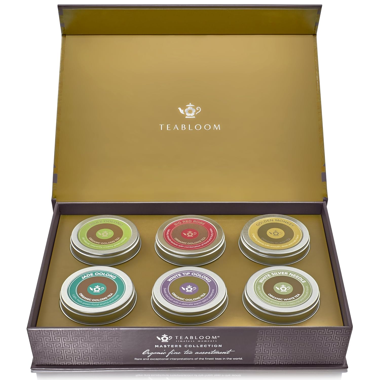 Teabloom Masters Collection - Six Rare Single-Origin Organic Loose Leaf Teas - Milky Oolong, White Silver Needle, Big Red Robe, Golden Monkey, Jade and White Tip Oolong