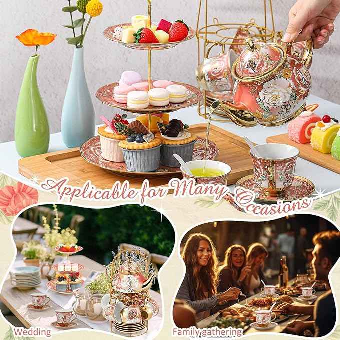 Maxcheck 21 Pcs Porcelain Tea Set for Women Tea Party with Metal Holder and 3 Tier Cake Stand Ceramic European Floral Teapot Set for Adults Mother's Day Christmas Thoughtful Gift(Romantic Style)