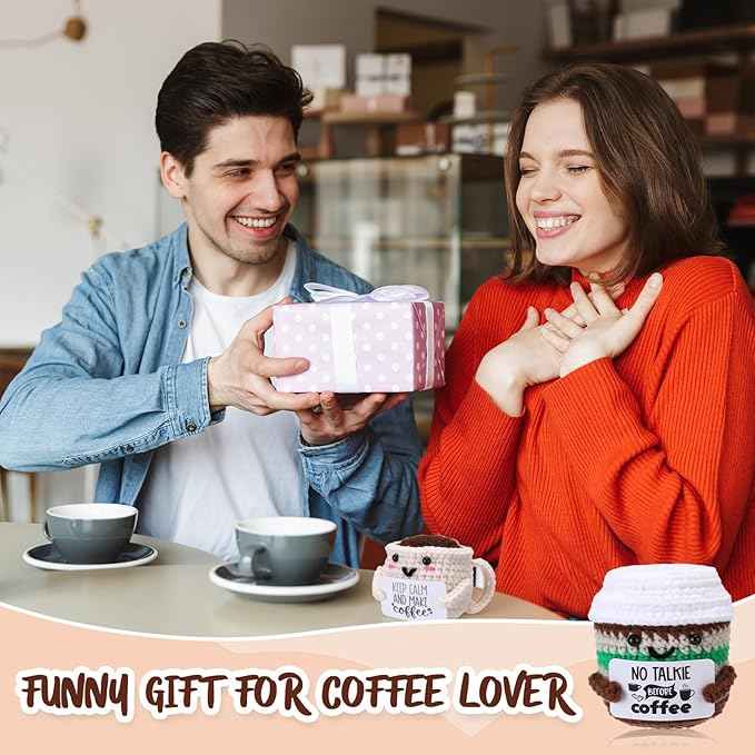 HyDren 12 Pcs Handmade Coffee Lovers Gifts Bulk Motivational Crochet Coffee Cup Plush Dolls with Positive Quotes for Women Men Coworkers Friend Office Home Desk Decor Birthday Holiday Party Favor