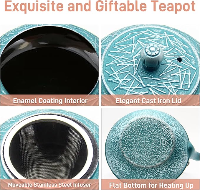 Cast Iron Tea Kettle,SECHUDO Teapot Coated with Enameled Interior for Loose Tea,Cast Iron Teapot with Stainless Steel Infuser for Stovetop Safe (30.4oz-Pattern-5)