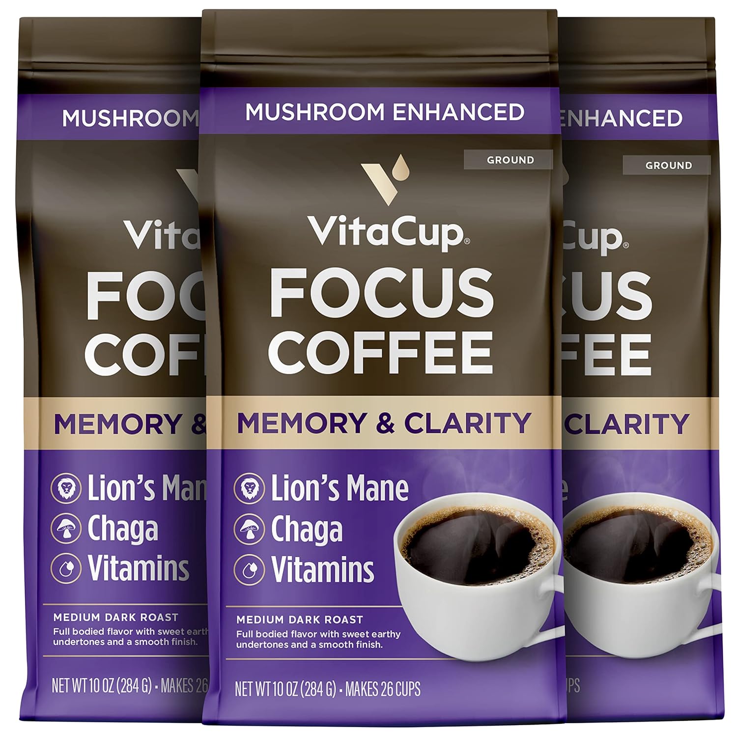 VitaCup Focus Mushroom Coffee Grounds, with Lions Mane, Chaga, B Vitamins, D3, Boost Focus, Immunity, Memory & Clarity, Medium Dark Roast, Bold & Smooth 100% Arabica Specialty, 3 bags, 10oz each