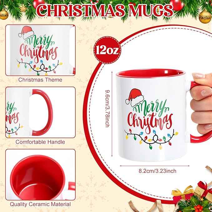 LemonRoad 12 Sets Christmas Coffee Mugs with Mug Boxes 12 oz Ceramic Merry Christmas Coffee Cups Xmas Cups with Gift Boxes Ribbon for Xmas Winter Holiday Housewarming Party Gift