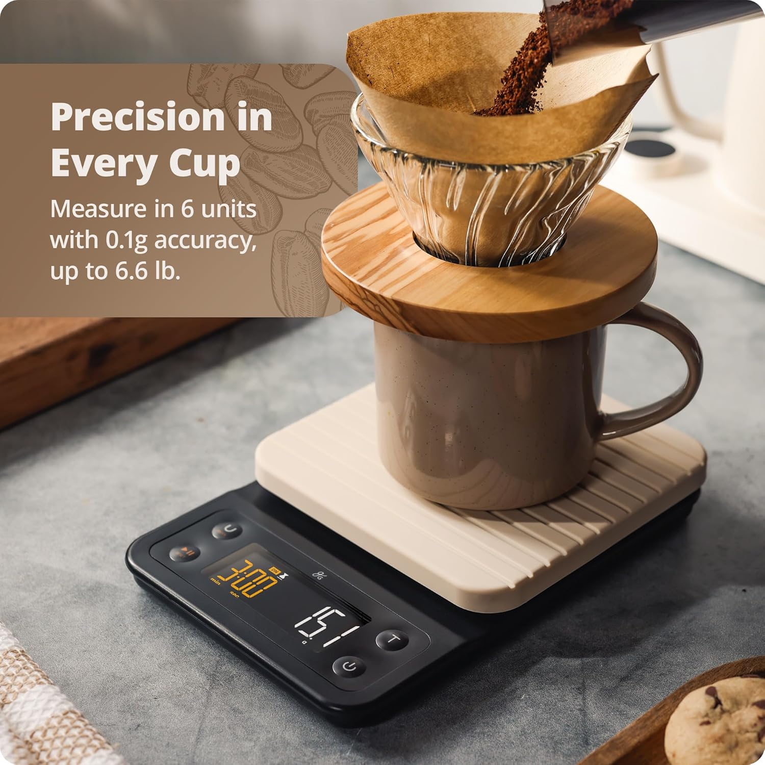 Greater Goods 0.1g Precision Coffee Scale with Timer – 3kg Digital Scale for Pour-Over, Espresso, French Press, Kitchen Use (Birch) - Blissbrew