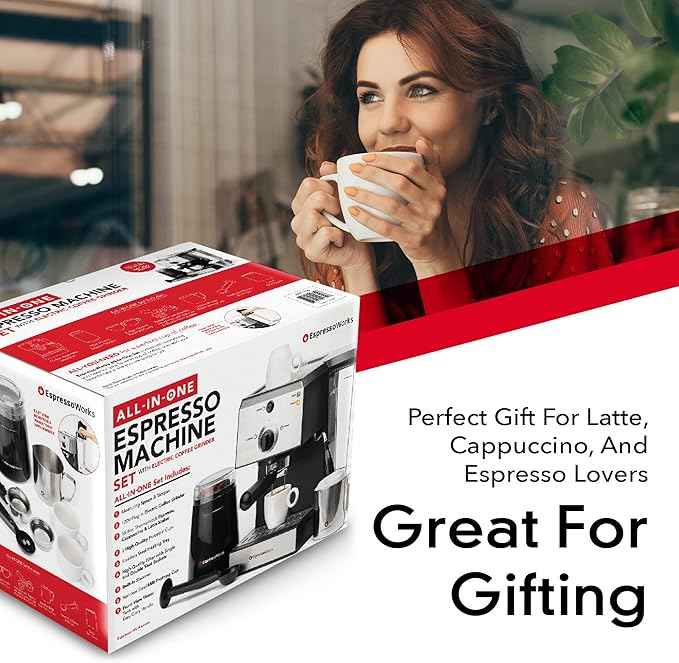 EspressoWorks All-In-One Espresso Machine with Milk Frother 7-Piece Set - Latte Maker Includes Grinder, Frothing Pitcher, Cups, Spoon and Tamper - Coffee Gifts (Stainless Steel)