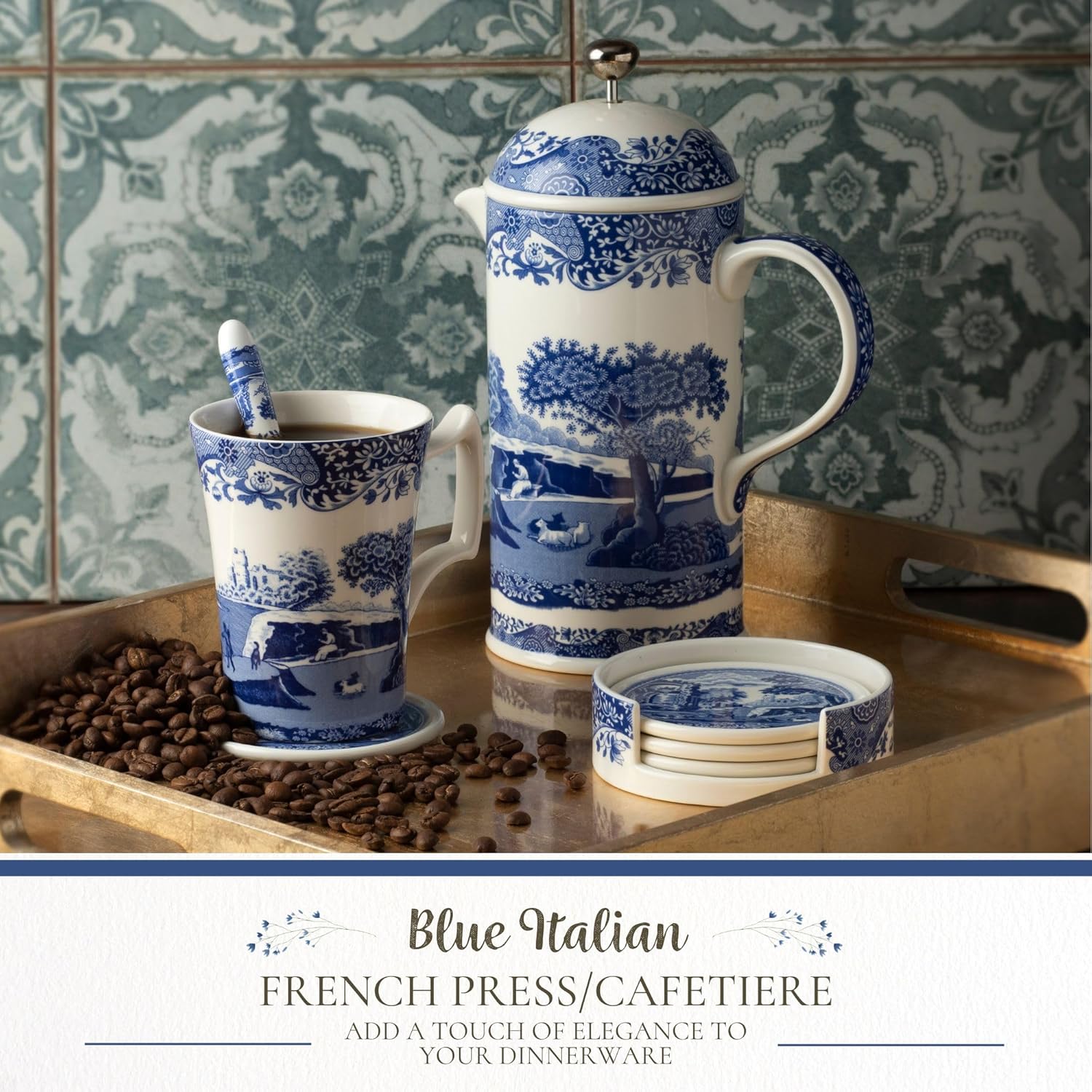 Spode Blue Italian French Press | 28-Ounce Capacity | Espresso, Coffee, and Tea Maker | Porcelain Cafetiere | Stainless Steel Plunger | Dishwasher Safe (Blue/White) - Blissbrew