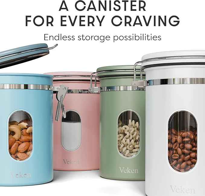 Veken Coffee Canister with Window, Easter Gifts Airtight Stainless Steel Container with Lids, Home Kitchen Food Storage Jars for Grounds, Beans, Tea, Flour, Cereal, Sugar, Basket, Scoop, 22OZ, White