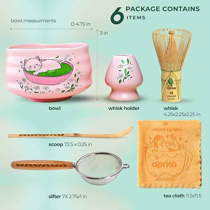 Matcha Gift Set 6 Pcs – Ceramic Bowl, Bamboo Whisk, Whisk Holder, Scoop, Sifter & Cloth – Traditional Japanese Set for Green Tea by Aprika Matcha (Pink with Cats)