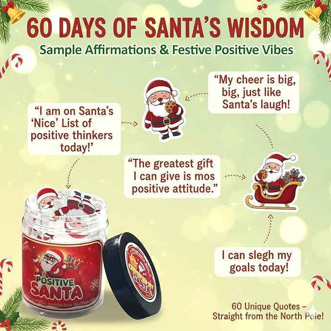 Positive Santa Claus Christmas Jar with 60 Daily Affirmation Cards, Emotional Support Christmas Gift, Funny Decorations for Home or Desk, Holiday Ornaments and Gifts for Women Men Teens and Teachers