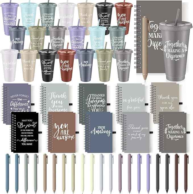 Shellwei 60 Pcs Employee Appreciation Gifts Bulk 24 oz Thank You Tumbler with Lid and Straw Mini Spiral Notebooks and Pens Appreciation Gifts for Team Employee Coworkers Teacher (Awesome)