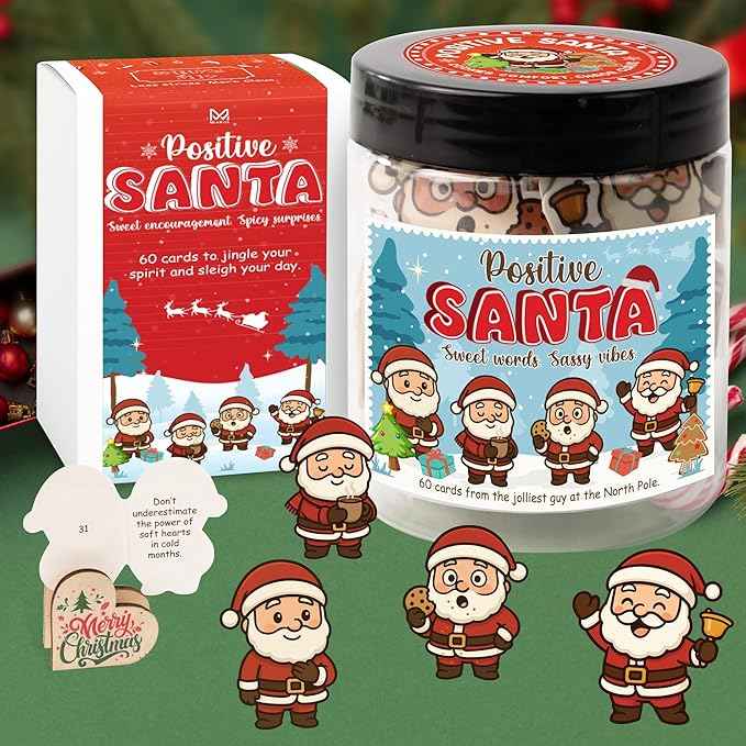 Positive Santa Jar – 60 Funny Emotional Support Santa Jar- Christmas Gifts for Teens, Women, Men, Coworkers, Teachers, Sisters, Friends – Christmas Stocking Stuffer for Teen Girls, Boys