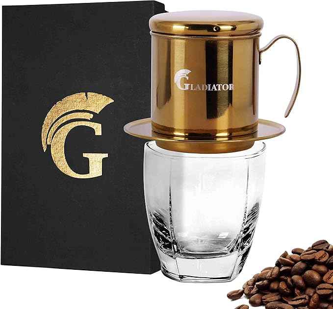 Vietnamese Coffee Maker Filter Phin, Small French Press Portable Cup, Single Serve Coffee Makers, Gift for coffee lovers (Gold, 1)