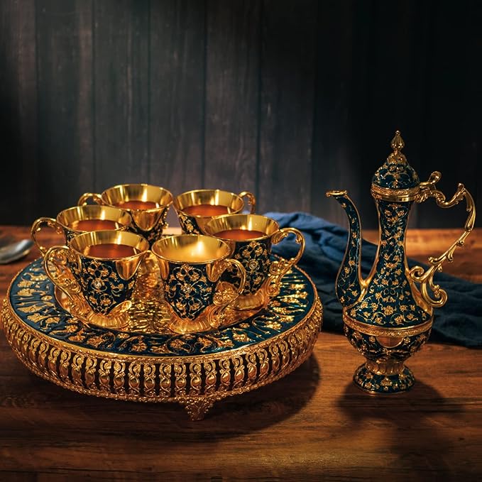 Vintage Extra Large Turkish Coffee & Tea Pot Set for 6 by Gute with Large Crystal Tray & Teapot Gold with Shiny Crystal (Blue) 480ml - 6 Vintage Moroccan Tea Glasses 230ml Teacups Gold