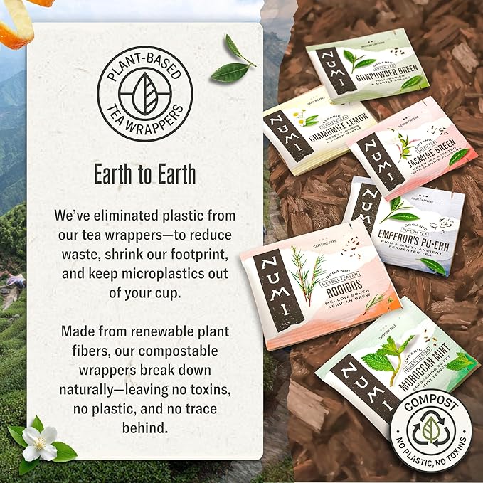 Numi Organic Green Tea with Jasmine, 54 Green Tea Bags Scented with Real Jasmine Flowers, Micro-Plastic Free Compostable Bags