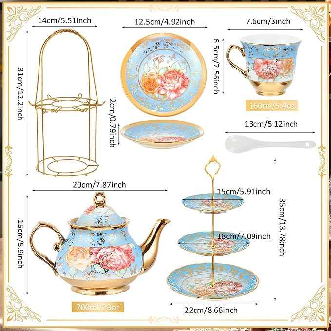Maxcheck 21 Pcs Porcelain Tea Set for Women Tea Party with Metal Holder and 3 Tier Cake Stand Ceramic European Floral Teapot Set for Adults Mother's Day Christmas Thoughtful Gift(Advanced Style)