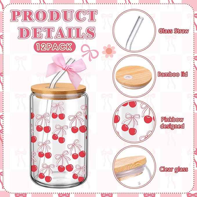 12 Sets Pink Bow Valentine's Day Glass Cups Gifts Bulk 16 oz Iced Coffee Cups with Lids and Straws Cute Glass Tumbler Girly Galentine's Day Gifts for Women Coworker Party Favor(Pink Bow)