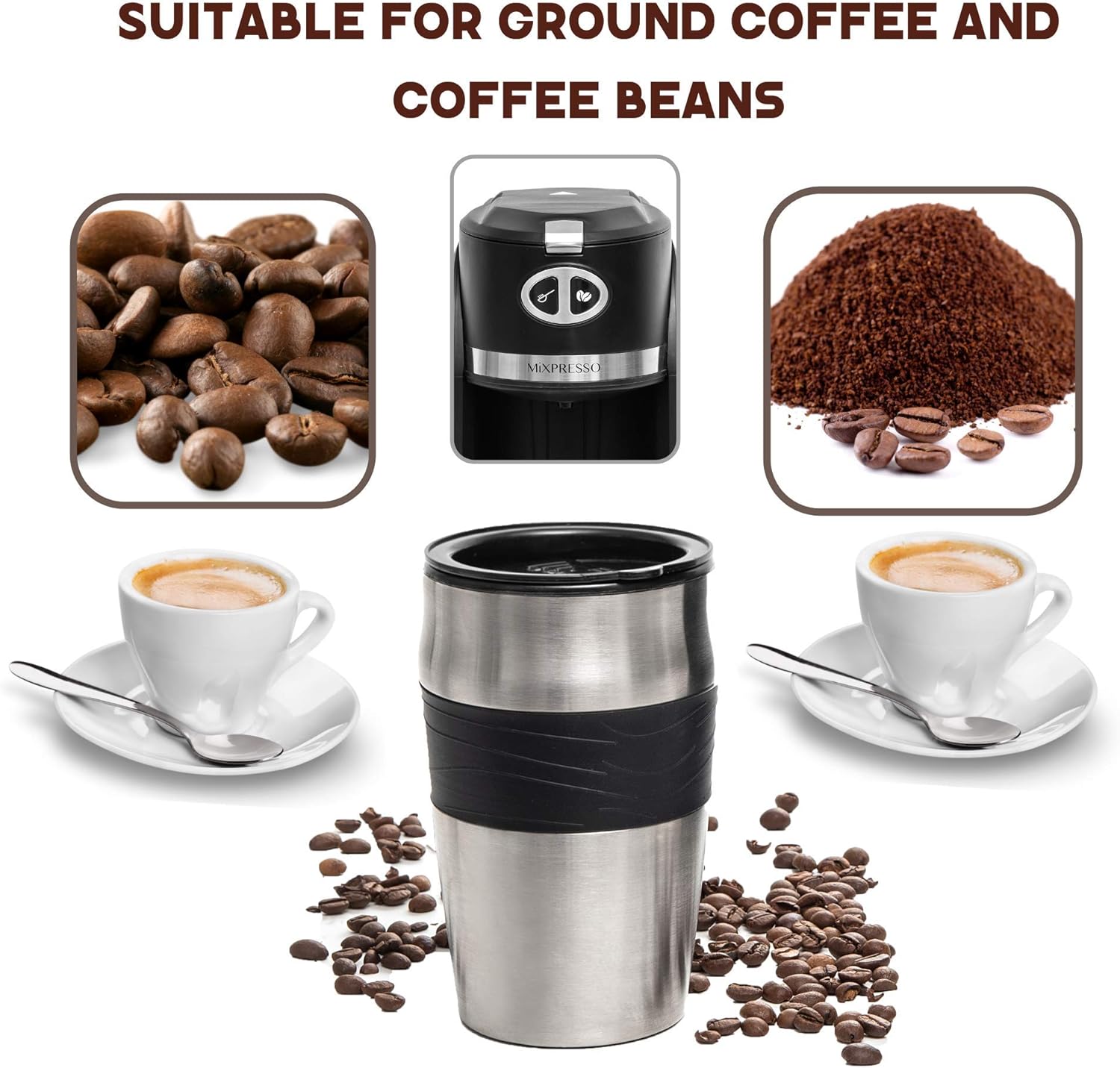 Mixpresso 2 in 1 Grind & Brew Automatic Personal Coffee Maker, Automatic Single Serve Coffee Maker with Grinder Built-In and 14oz Travel Mug, Auto Shut Off Function,Black Travel Coffee Maker