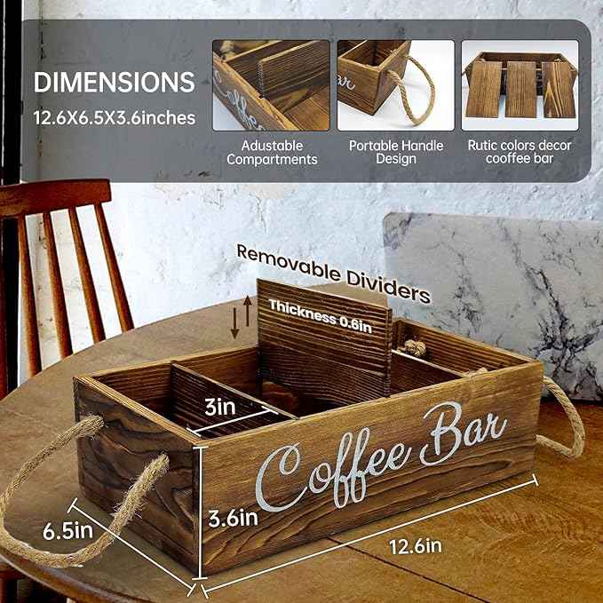 Coffee Station Organizer with Small Removable Dividers, Wooden Coffee Bar Accessories Storage For Countertop, Farmhouse Kcup Coffee Pod Holder Basket With Handle For Coffee Lover