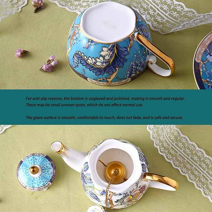 Generic 3 Pieces,Ceramic Blue Birds and Flowers Tea for One Set, Luxury Pot Tea Cup and Saucer Set with Teapot, for Room Decoration Party Service,Gift Package