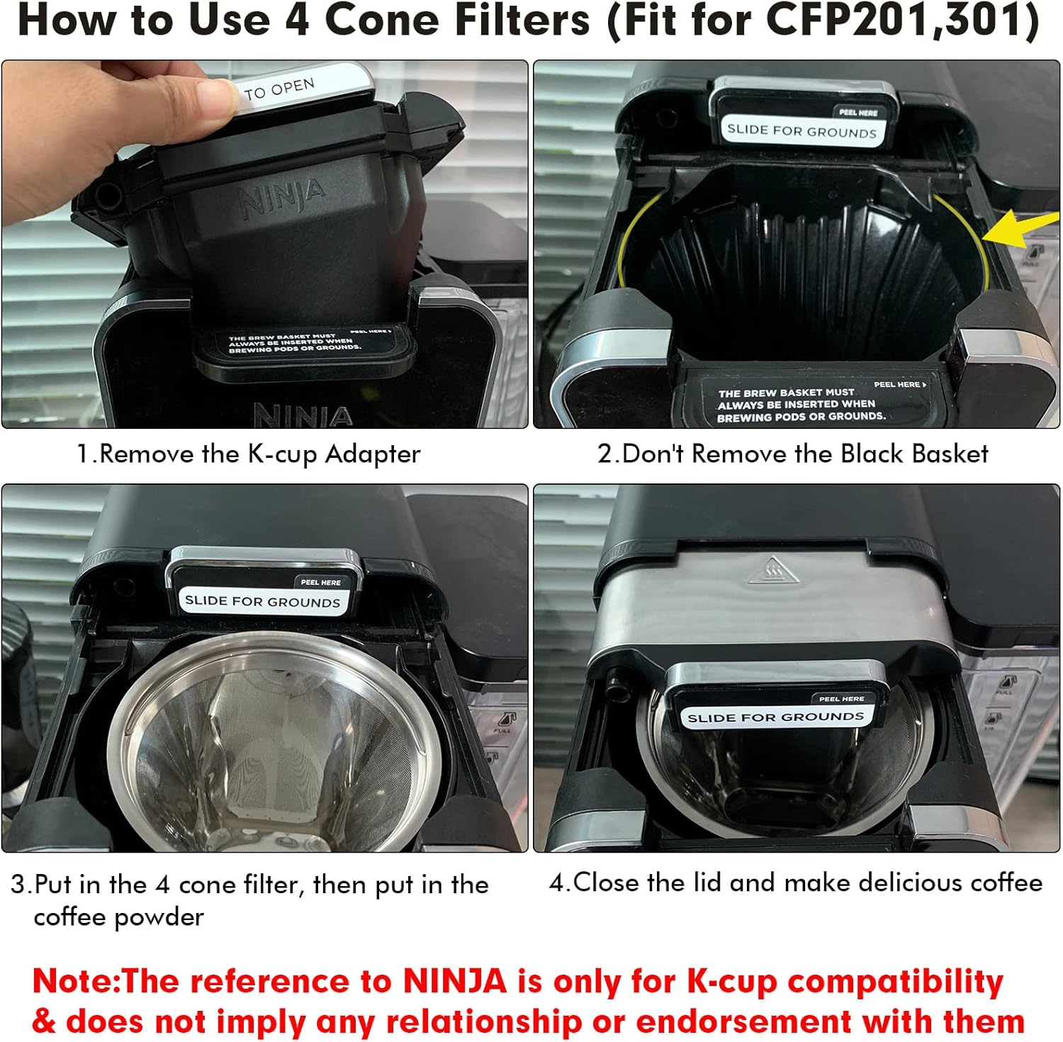 Stainless Steel Reusable Coffee Filter Compatible with Coffee Maker, Reusable Coffee Pods with 4 Cone Coffee Filters, Reusable Coffee Filters for Ninja CFP201 CFP300 CFP301 CFP307