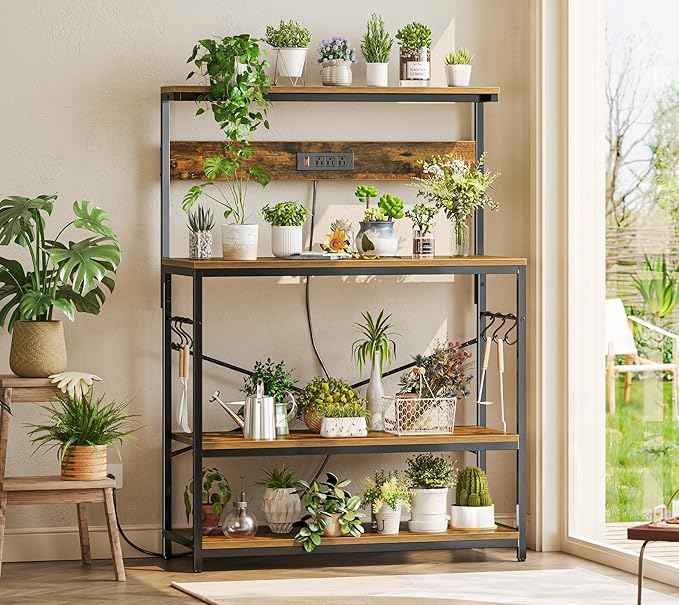 SUPERJARE Bakers Rack with Power Outlets, Microwave Stand, 39.4 X 14.3 Inch Larger Desktop, Kitchen Storage Rack with Adjustable Middle Shelf, 6 S-Shaped Hooks, Coffee Bar Stand, Rustic Brown