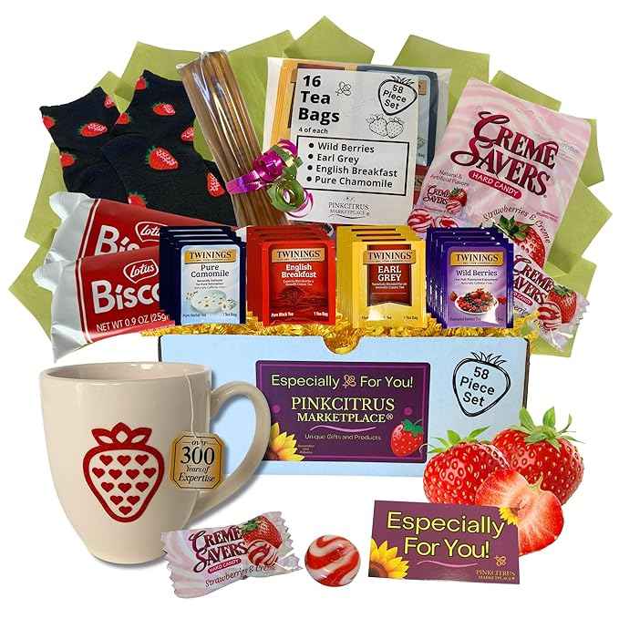 Tea Cookie and Honey Gift Set Sampler Basket with Candy Care Package Get Well Soon for Women Mom Best Friend Birthday Ideas After Surgery Thinking Of You Strawberry Themed Box