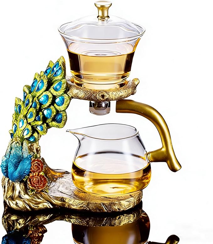 Glass Teapot Set with Infuser Semi Automatic Tea Set Lazy Kungfu Attraction Drip Rotating Magic Teapot Set (Peacock)