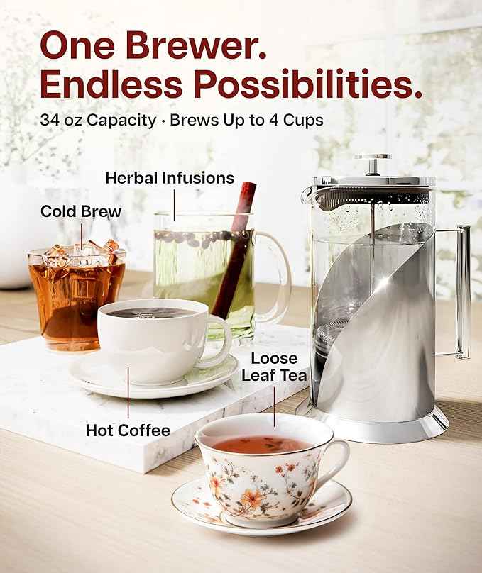 Cafe Du Chateau Stainless Steel French Press Coffee Maker 34 oz – Insulated Coffee Press with 4-Level Filtration, Manual Brewer for Tea, Camping & Travel, BPA-Free Glass (Pack of 2)