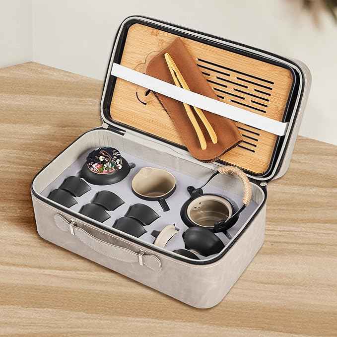 LURRIER Gongfu tea sets, Portable Ceramic TeaSet, Asian Tea sets for adult, Tea Gift sets, Grey leather case, Portable Travel Bag,Home,Gifting,Outdoor and Office(Black)
