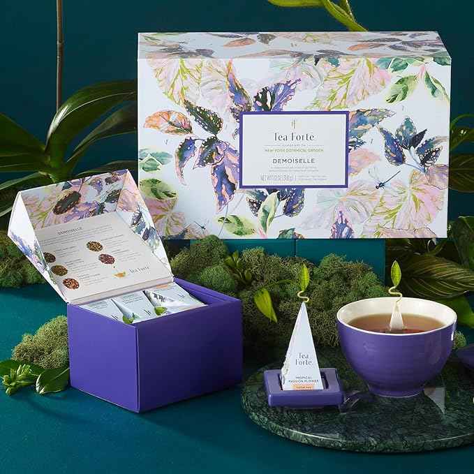 Tea Forte Demoiselle 3-Piece Premium Tea Gift Set with Indigo Cafe Cup and Lid, Tea Tray and 10 Count Mini Presentation Box, 2 of Each Blend Handcrafted Pyramid Infuser Tea Bags