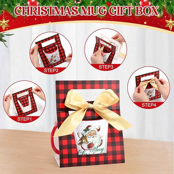 LemonRoad 12 Sets Christmas Coffee Mugs with Mug Boxes 12 oz Ceramic Merry Christmas Coffee Cups Xmas Cups with Gift Boxes Ribbon for Xmas Winter Holiday Housewarming Party Gift