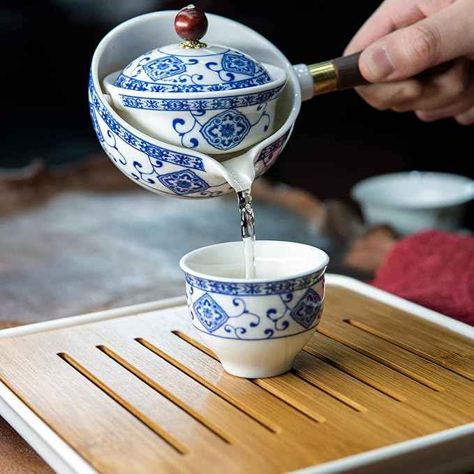 LURRIER Porcelain Chinese Gongfu Tea Set,Portable Teapot Set with 360 Rotation Tea maker and Infuser,Portable All in One Gift Bag for Travel,Home,Gifting,Outdoor and Office (Floral White)
