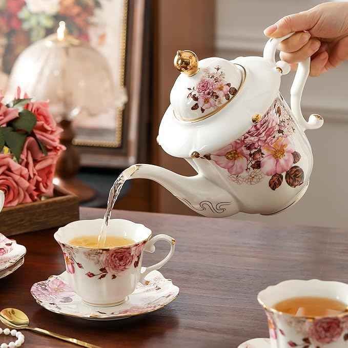 TATSUMI Country Roses Porcelain Tea Set, European Ceramic tea set for adults,Vintage Style, For Women and Tea Parties (Chocolate Red, 21 Pieces Set)