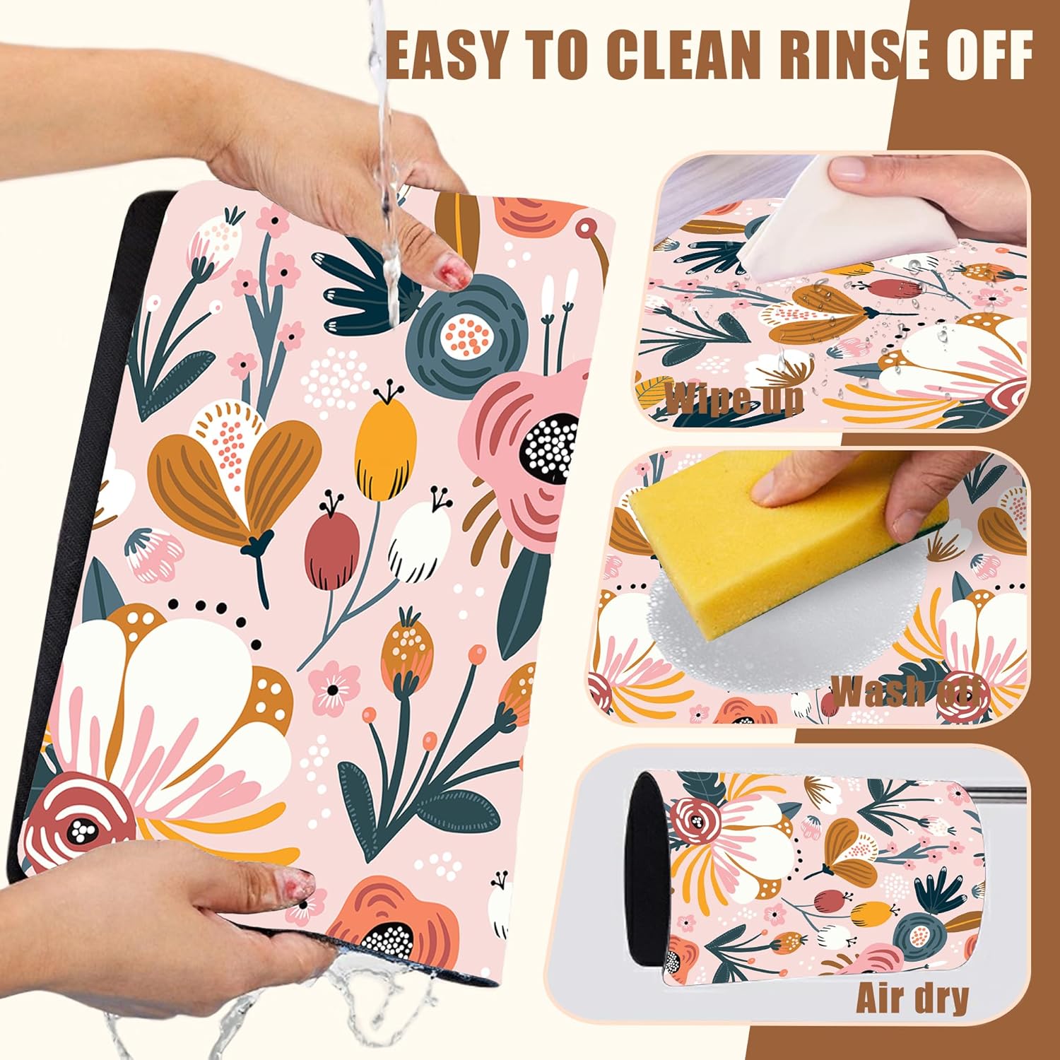 Dish Drying Mat Pink Flowers Berries Leaves Coffee Bar Mat for Countertop Absorbent Hide Stain Rubber Backed Dish Drainer Rack Pad Espresso Machine Dining Room Decor 15.7 x 23.6 Inch
