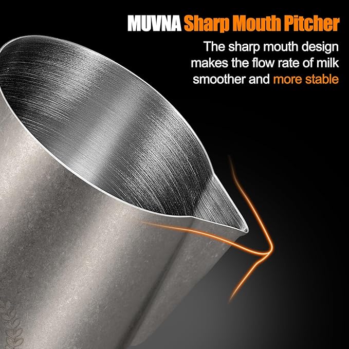Milk Frothing Pitcher - 15.4oz/450ml Barista Milk Frother Cup, Precise Spout for Latte Art, 304 Stainless Steel Milk Steamer Pitcher with Ergonomic Handle, Vintage Distressed Silver