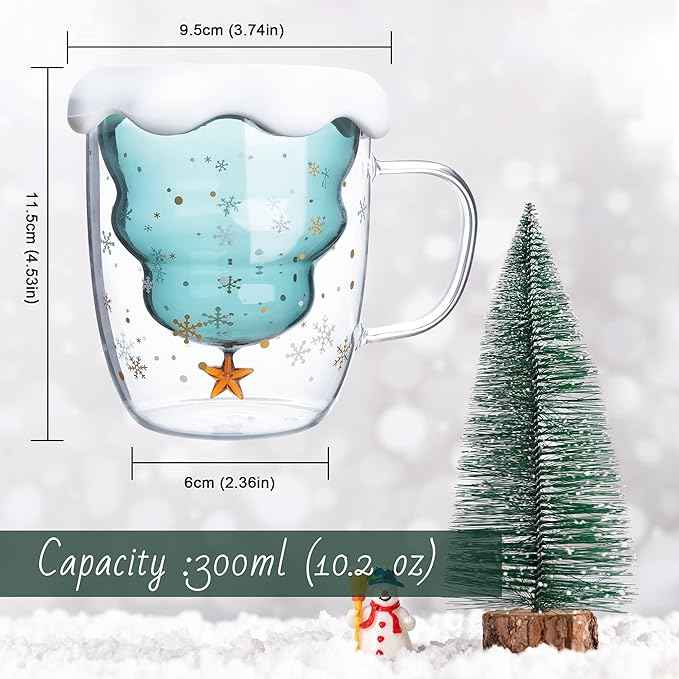 LIBWYS 2 Pack Christmas Mugs, Double Walled Borosilicate Christmas mug set with Snowflake Lid, Cute Mugs for Hot Cocoa and Coffee, 300ml Christmas tree mugs Christmas Gift for Family, Friend