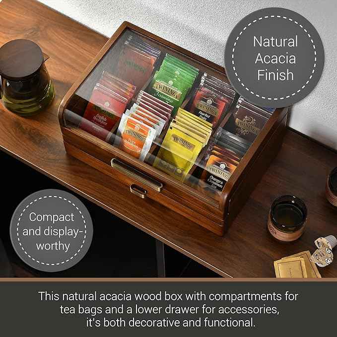 Personalized Tea Organizer Box with Drawer – Elegant Wooden Tea Caddy for Tea Bags & Accessories – Premium Kitchen Storage Gift for Tea Lovers, Housewarming, Weddings & Birthdays