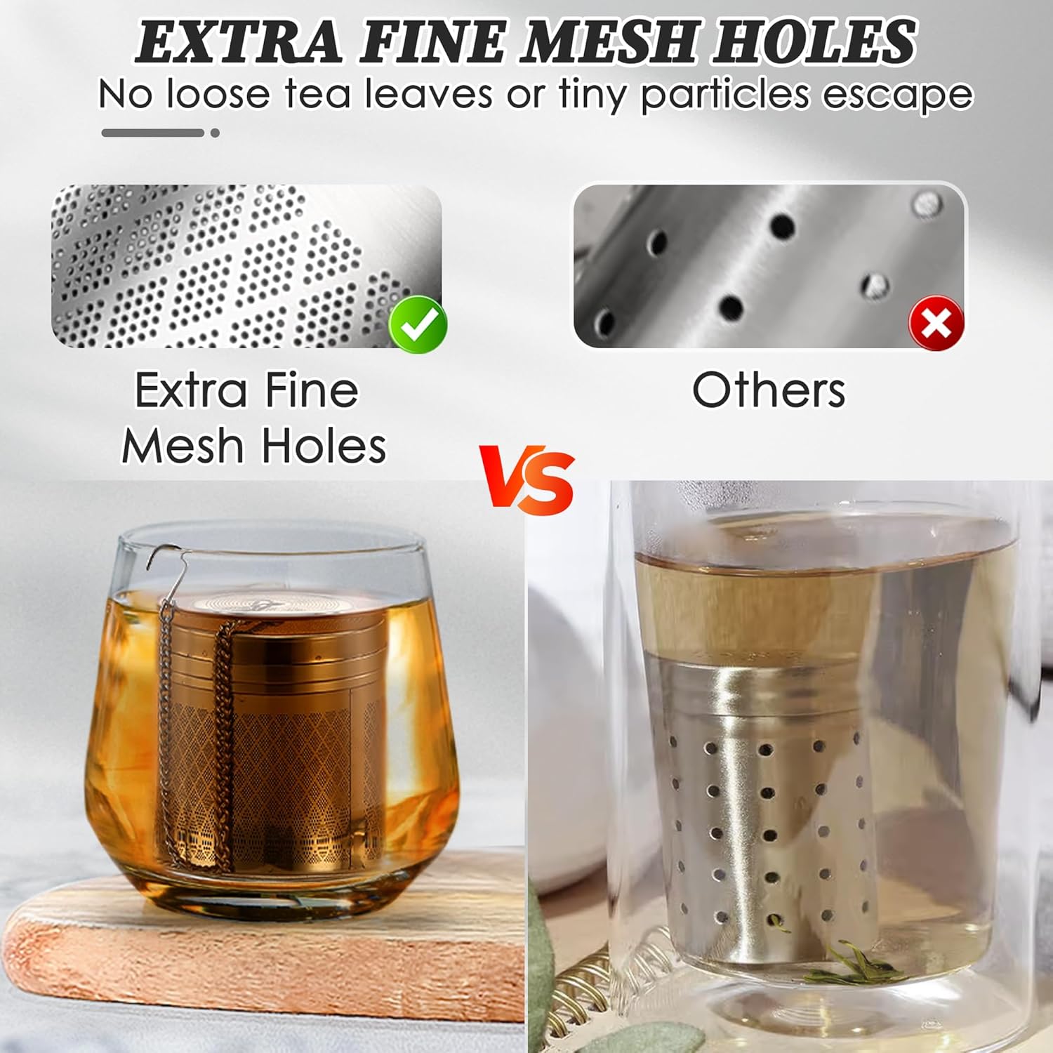 Tea Infusers for Loose Tea, 2 Pack Extra Fine Mesh Tea Strainers, 18/8 Stainless Steel Loose Leaf Tea Steeper Tea Diffusers with Extended Chain Hook and Drip Tray
