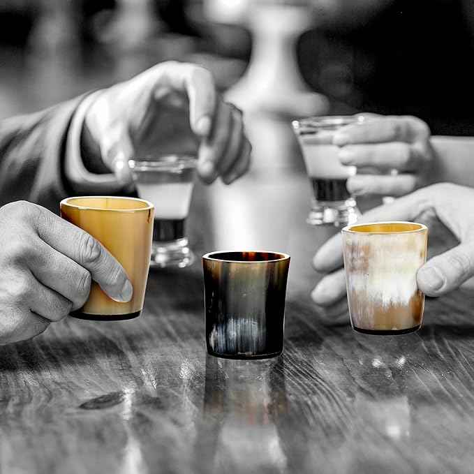 Handicrafts Home Handmade Horn Shot Glasses Set of 8, 3 oz Natural Viking Drinking Whiskey Shots for Cocktails & Parties- Medieval Decor Gift Set for Men & Groomsmen, Unique Bar Shot