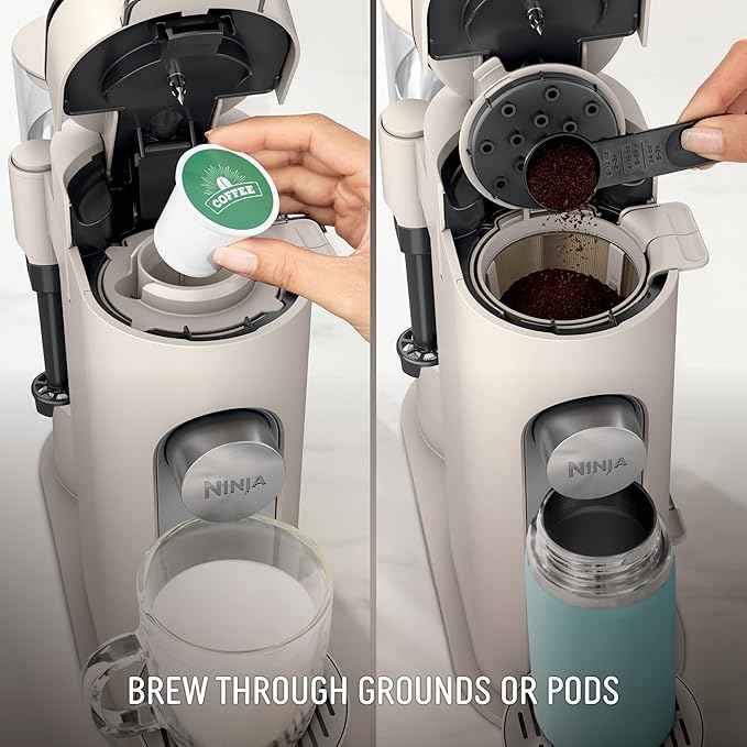 Ninja Pod & Grounds | Coffee Maker | XL Single-Serve | K-Cup Pod Compatible | Brews Grounds | Compact Design | Built-In Milk Frother | 68-oz. Reservoir, 6-oz. Cup to 24-oz. Mug Sizes | Stone |PB055AST