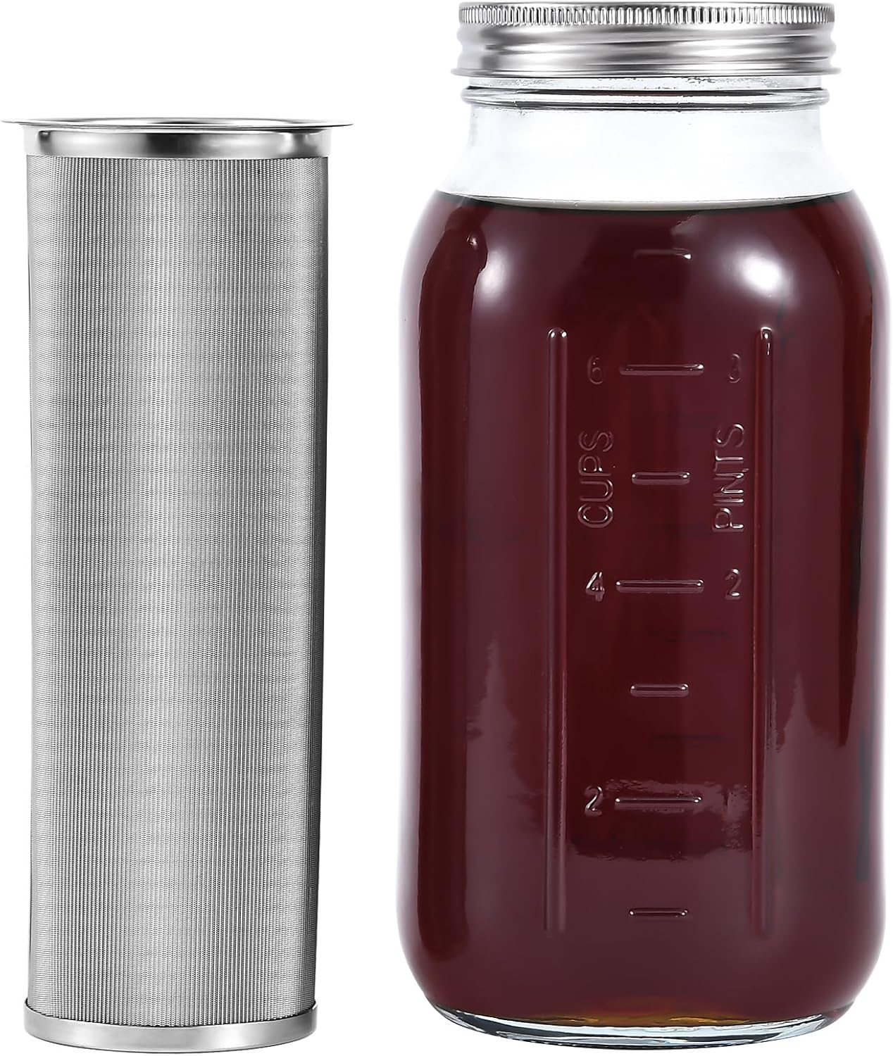 UPTRUST Durable Glass Cold Brew Mason Jar Iced Coffee Maker, 64 oz (2 Quart), Heavy Duty Stainless Steel Filter for Iced Brew Coffee, Lemonade, Ice Tea, Homemade Fruit Drinks Container