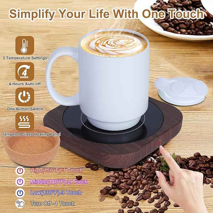 Coffee Mug Warmer & Mug Set for Desk, Electric Coffee Cup Warmer with Ceramic Mug, Smart Heated Coffee Mug with Auto Shut Off for Office/Home, Christmas/Birthday/Coffee Gifts for Men & Women, Wood