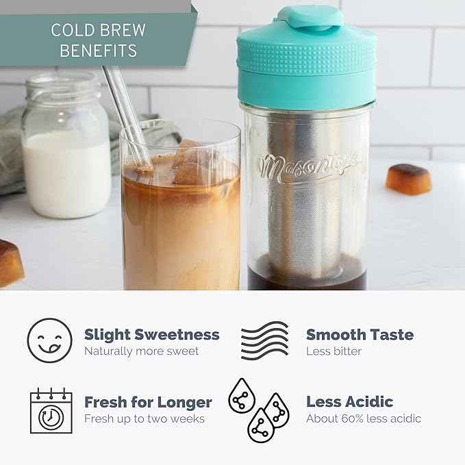 Masontops Cold Brew Makers Kit - Deluxe Iced Coffee Maker with Glass Pitcher & Stainless Steel Mesh Filter - Easy Pour Fridge Cold Brewer System