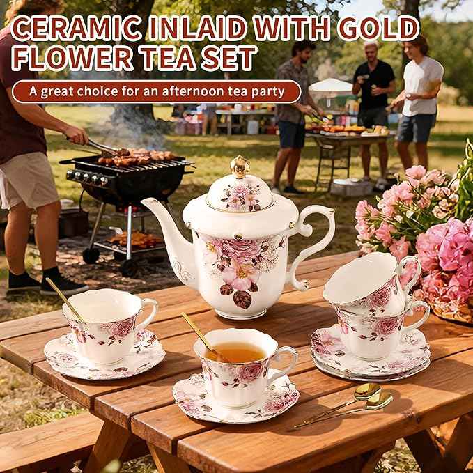 TATSUMI Country Roses Porcelain Tea Set, European Ceramic tea set for adults,Vintage Style, For Women and Tea Parties (Chocolate Red, 13 Pieces Set)
