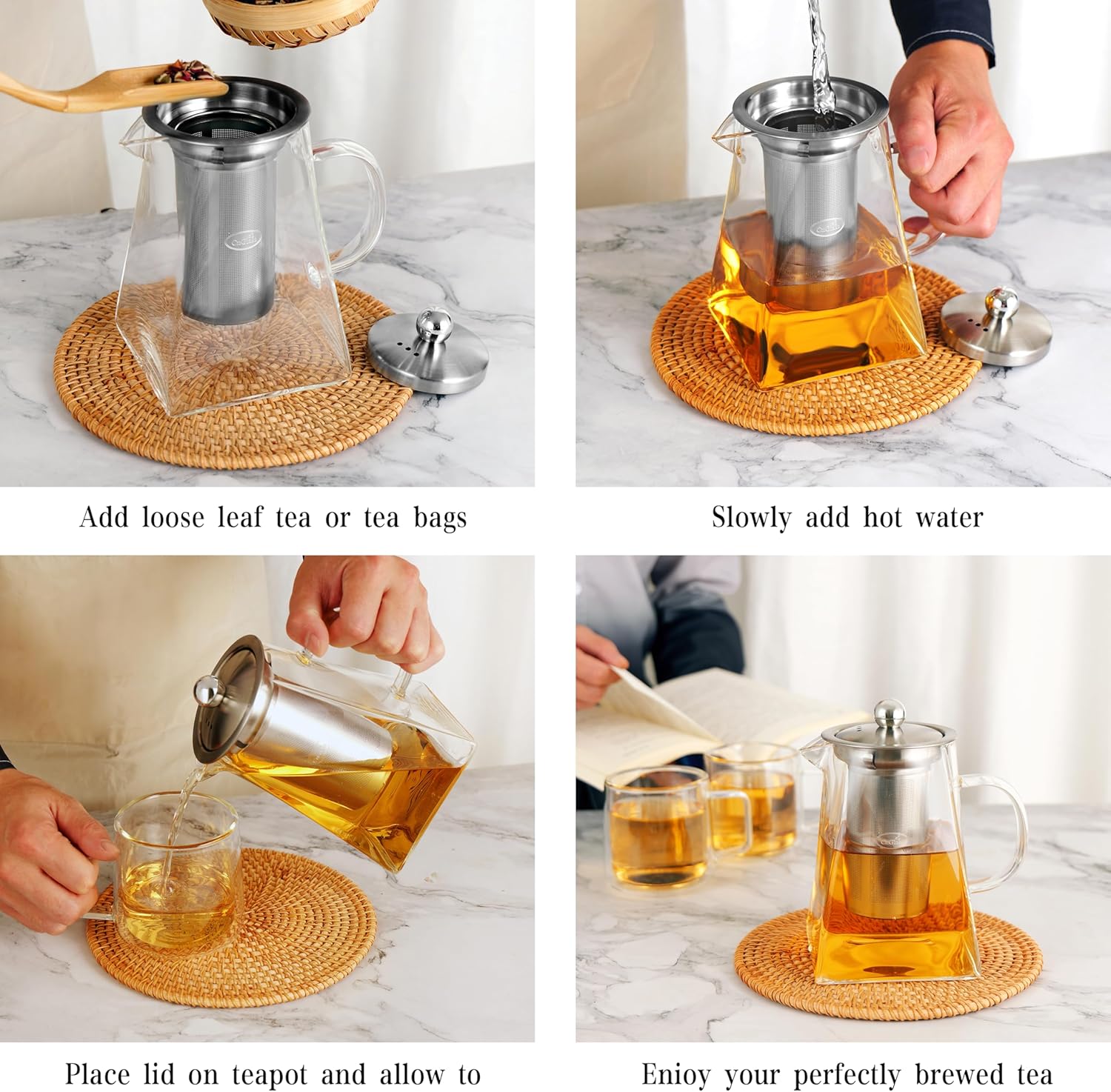 CNGLASS Glass Teapot with Infuser,31oz Clear Glass Tea Kettle with Removable Stainless Steel Strainer,Stovetop Safe Glass Teapot for Blooming and Loose Leaf Tea…