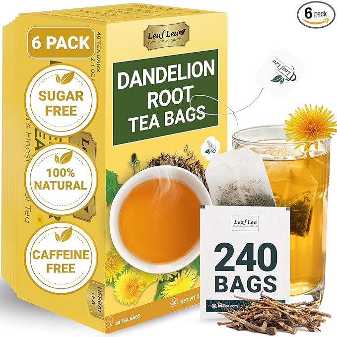 LeafLea Dandelion Root Tea Bags, 240 Count, Natural Dandelion Herbal Tea Blend, Natural Dried Dandelion Root, Caffeine-Free, Sugar-Free, Vegan, Sealed for Fresh Flavor, Pack of 6