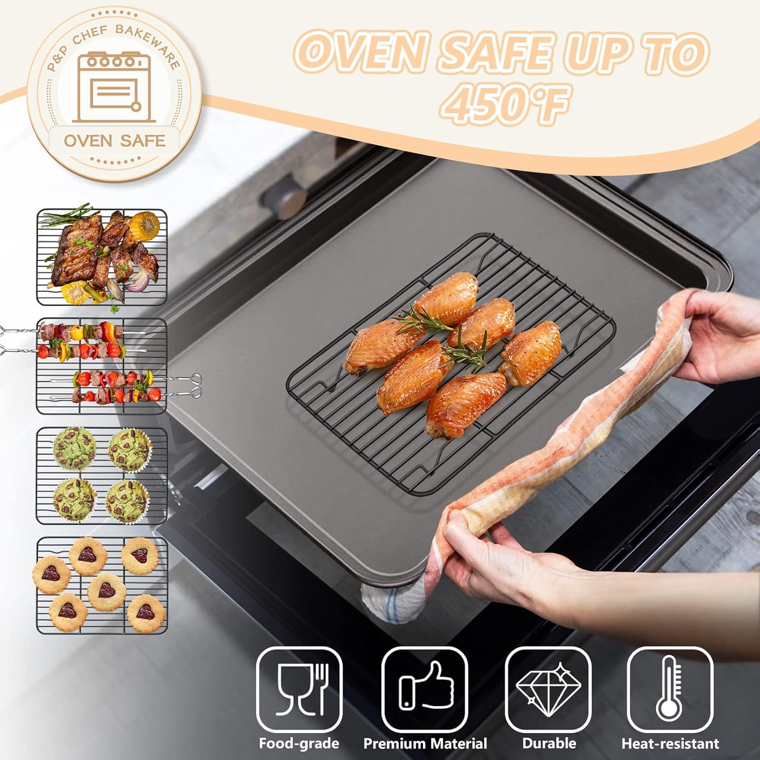 P&P CHEF Cooling Baking Rack Pack of 2, Stainless Steel Cooling Racks for Cooking Baking Roasting Grilling Drying, Dense Wires & Smooth Edge, Easy to clean, Black, 8.6" x 6.2"