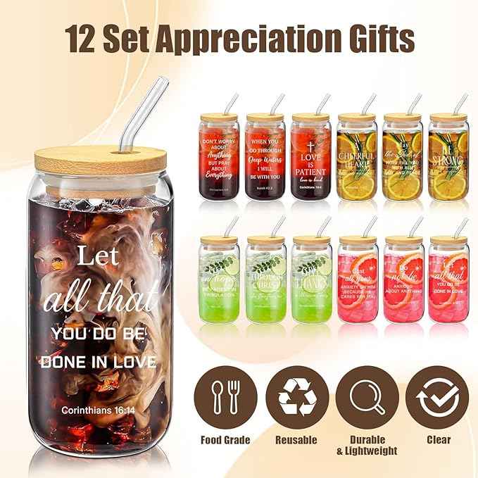 12 Pcs Christian Gift Bulk Glass Cups with Bamboo Lids and Straws 16 oz Coffee Cup Christian Gifts