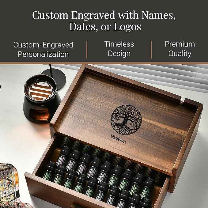 Shanik Functional Essential Oil Storage Drawer Box, Personalized with Custom Print, Natural Living and Wellness Oil Diffuser Organizer
