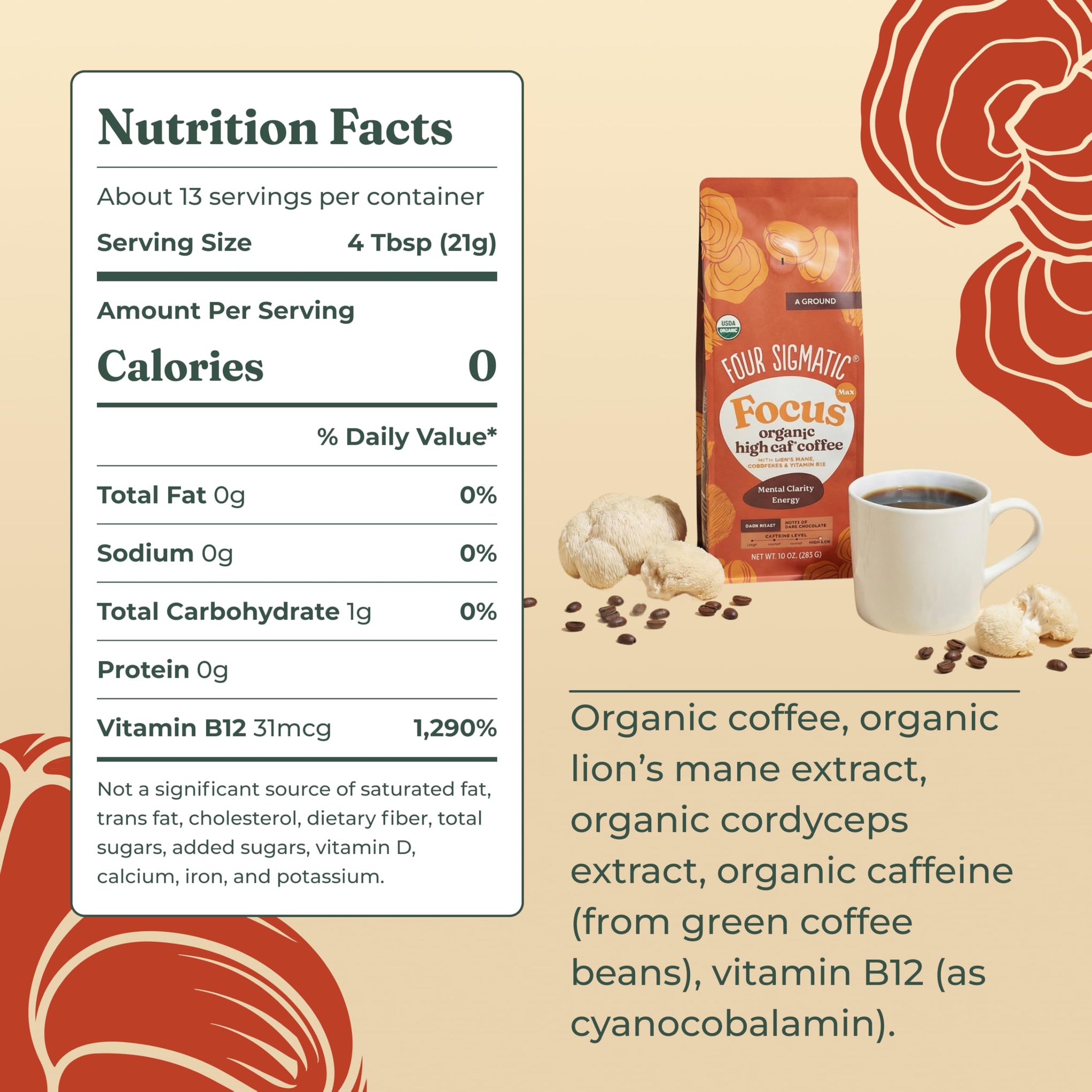 Focus Max High Caffeine Cordyceps Coffee (10 Ounce)
